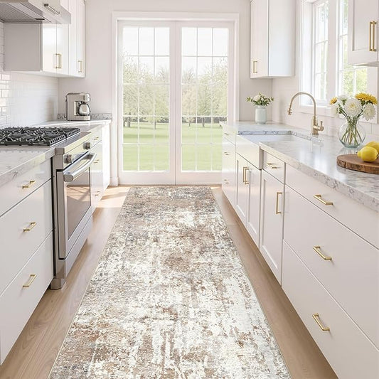 Runner Rug Kitchen Washable Rugs: 2x6 Non-Slip Abstract Soft Modern Stain Resistant Indoor Floor Neutral Accent Throw Carpet for Hallway Bathroom Laundry Room Entryway Bedroom- Brown