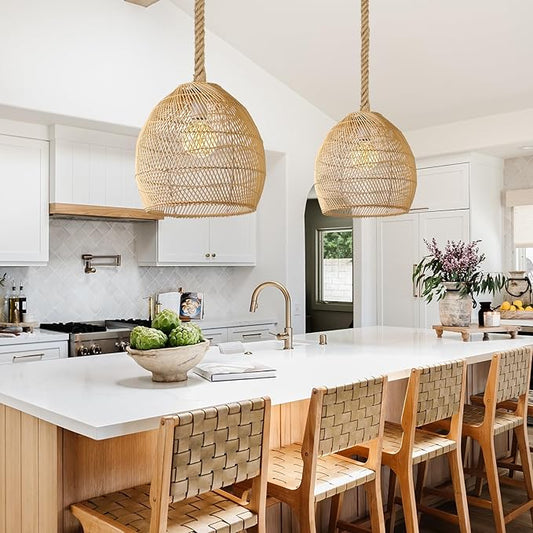 1 Light Rattan Pendant Light, Boho Coastal Wicker Chandelier, Hemp Rope 11.81''W Woven Hanging Lampshade Ceiling Lighting Fixture for Kitchen Island Bedroom Restaurants