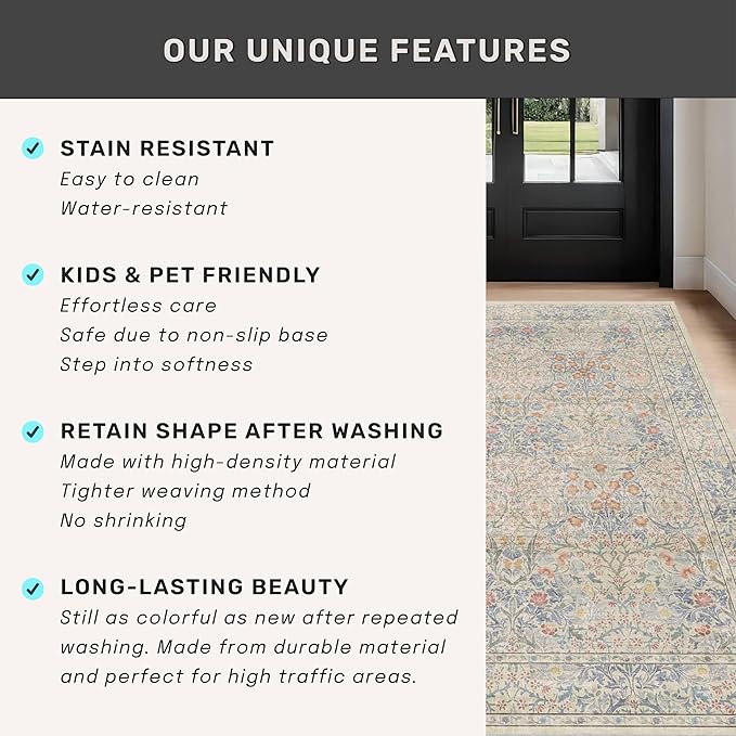 Beige Blue Washable Rugs for Living Room - 4x8 Vintage Boho Eclectic Pastel, Washable Low Pile Non Slip Area Rug for Bedroom Beside Bed, Door Mat Indoor Entrance, Kitchen, Home Floor Decor