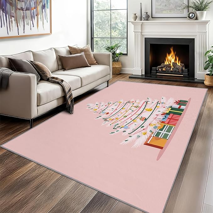 Christmas Tree Area Rug, 6x8 Rug for Bedroom, Girls Pink Christmas Holiday Washable Rugs for Living Room, Non Slip Soft Low Pile Stain Resistant Carpet, Kids Xmas Room Decor