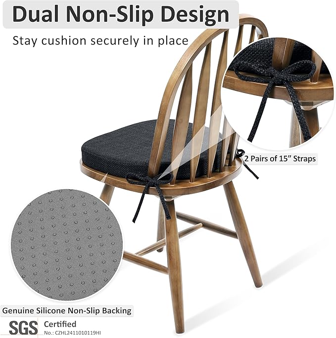 Shinnwa Kitchen Chair Cushions Set of 4, High-Resilience Foam Windsor Seat Pads, Dining Chair Cushions with Ties & Textured Cover, 4 Pack, 16.5 x 15.5 x 2, Charcoal