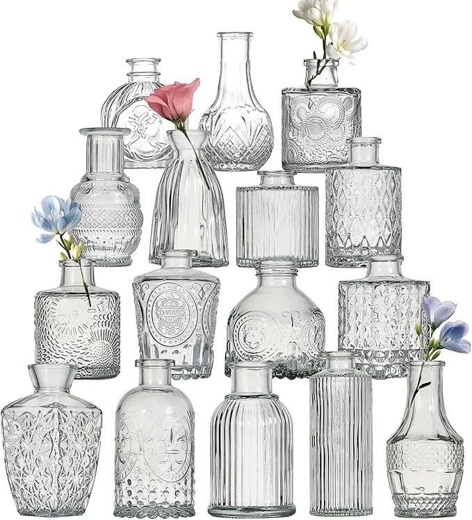 Glass Bud Vase Set of 16 Pcs Small Minimalist Vases for Flowers, Vintage Rustic Home Decor for Table Centerpiece Wedding Party, Modern Clear Aromatherapy Bottle for Living Room Bedroom