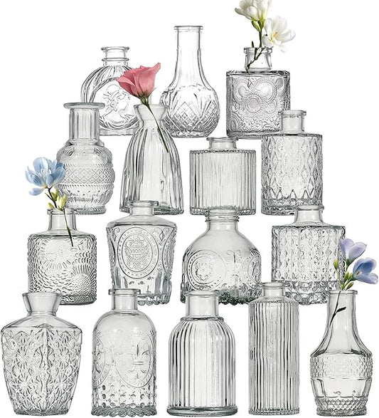 Glass Bud Vase Set of 16 Pcs Small Minimalist Vases for Flowers, Vintage Rustic Home Decor for Table Centerpiece Wedding Party, Modern Clear Aromatherapy Bottle for Living Room Bedroom