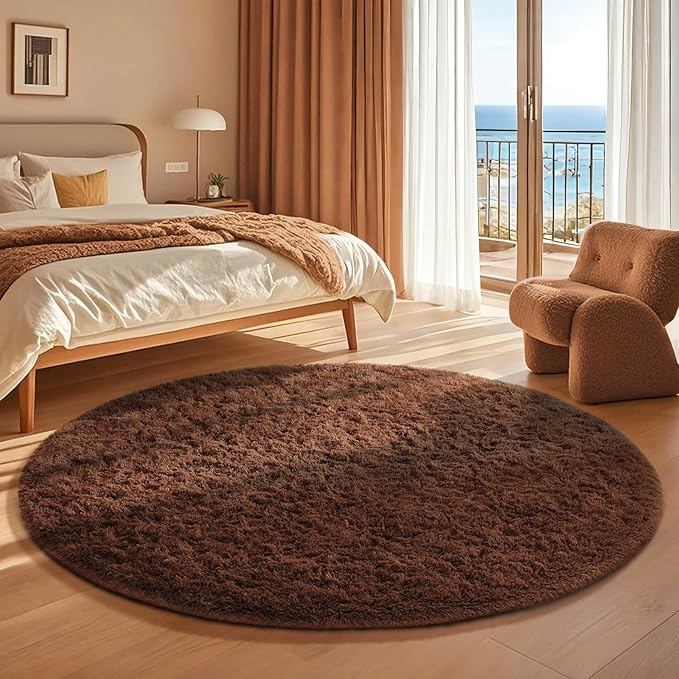 Ophanie Round Rug 4Ft Brown Circle Area Rug, Fluffy Fuzzy Small Bedroom Carpet, Plush Soft Shaggy Floor Living Room Circular Christmas Decor for Kids Boys Girls Home Aesthetic, Nursery, Classroom