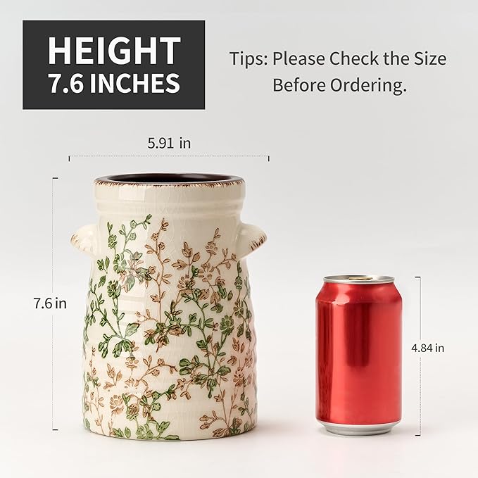 SIDUCAL Ceramic Green and Beige Retro Vase with Two-Ear, 7.6 Inch Ice Cracked Vintage Pastoral Vase, Rustic Farmhouse Vases for Home Decor, Table, Living Room, Shelf Decor, Chinoiserie Decor