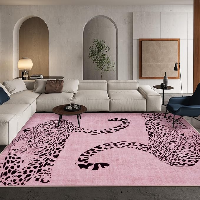 OJIA Leopard Print 5x7 Area Rugs for Living Room, Soft Washable Rugs for Bedroom Ultra-Thin Non-Slip Moden Pink Rug, Stain Resistant Nursery Rug Carpet for Kids Playroom Classroom Dining Room