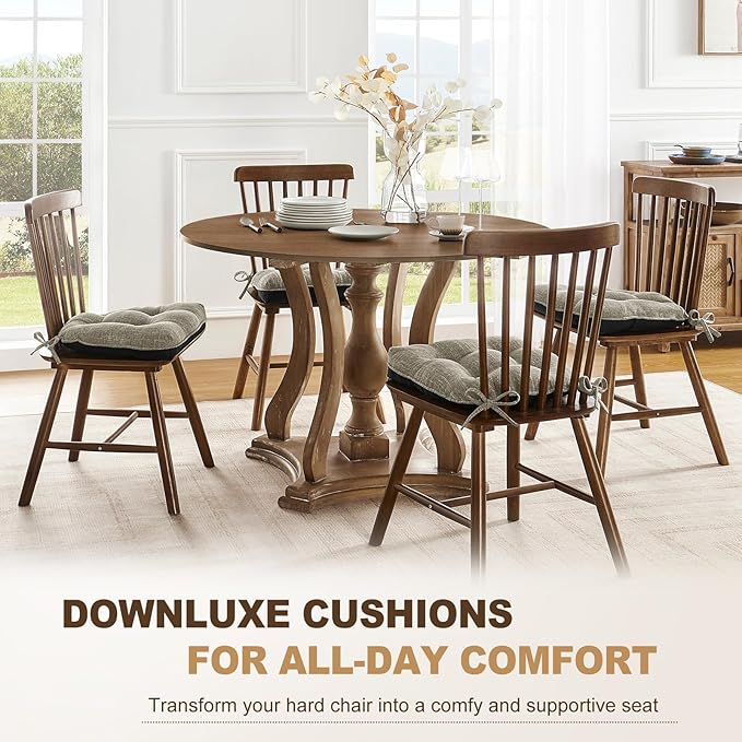 downluxe Indoor Chair Cushions for Dining Chairs, Tufted Overstuffed Textured Memory Foam Kitchen Chair Pads with Ties and Non-Slip Backing, 15.5" x 15.5" x 4", Khaki, 4 Pack