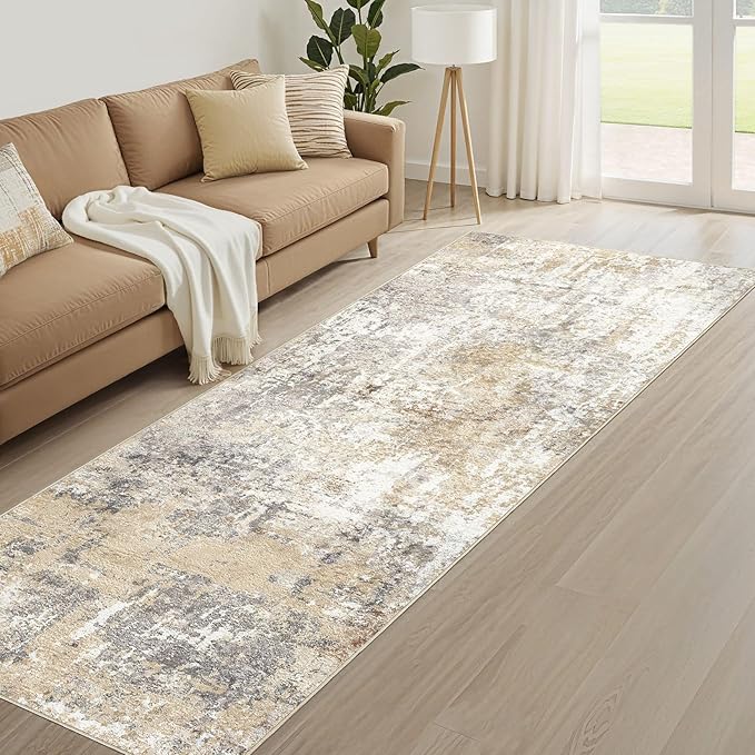 Runner Rug Kitchen Washable Rugs: 3x10 Non-Slip Abstract Soft Modern Stain Resistant Indoor Floor Neutral Accent Throw Carpet for Hallway Bathroom Laundry Room Entryway Bedroom- Gray Gold