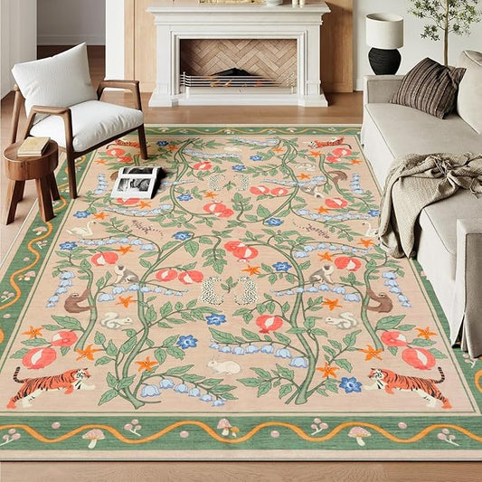 OJIA Washable Rugs 8x10, Soft Floral 8x10 Area Rugs for Living Room, Animal Non-Slip Bedroom Rug Ultra-Thin Boho Large Carpet for Nursery Dining Room Office Kids Playroom, Green