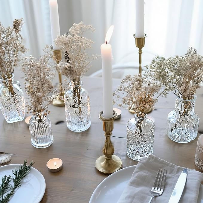 Glass Bud Vase Set of 5 Pcs Small Minimalist Vases for Flowers, Vintage Rustic Home Decor for Table Centerpiece Wedding Party, Modern Clear Aromatherapy Bottle for Living Room Bedroom