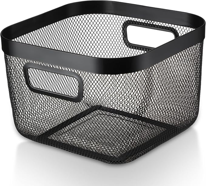 1 Pack Metal Mesh Basket with Hollow Handles Black Wire Storage Bin for Organizing Stackable Metal Fine Mesh Basket for Pantry Bathroom Kitchen Cabinets Shelves (Medium)