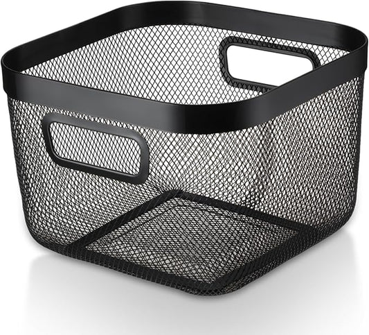 1 Pack Metal Mesh Basket with Hollow Handles Black Wire Storage Bin for Organizing Stackable Metal Fine Mesh Basket for Pantry Bathroom Kitchen Cabinets Shelves (Medium)