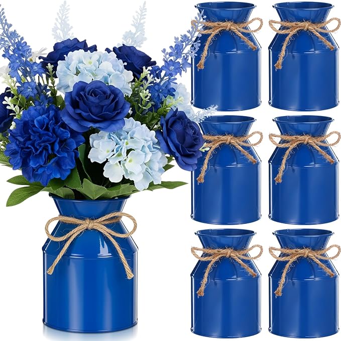 Domensi 5.12 Inch Farmhouse Metal Flower Vase Decor Rustic Galvanized Milk Can Jug Vase with Bow Flower Buckets for Table Centerpiece Fall Halloween Wedding Home Dinging Room Decor(Dark Blue,6 Pcs)