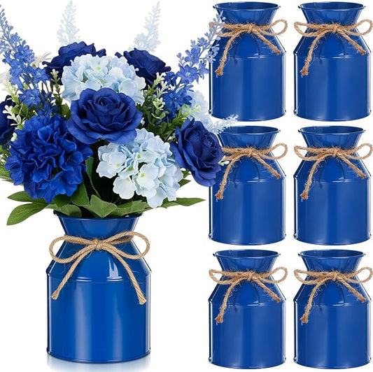Domensi 5.12 Inch Farmhouse Metal Flower Vase Decor Rustic Galvanized Milk Can Jug Vase with Bow Flower Buckets for Table Centerpiece Fall Halloween Wedding Home Dinging Room Decor(Dark Blue,6 Pcs)