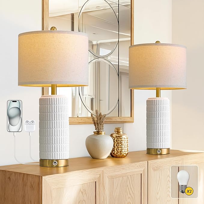 PoKat Touch Bedside Table Lamps with USB Ports for Bedroom, 25'' Dimmable Nightstand Touch Lamps for Night Stands, White Stone-Like Ceramic Lamps with Gold Base for Living Room End Side Table