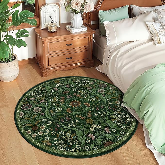 Round Rug 4ft Dark Green Washable Floral Circle Rug,Vintage Boho Botanical Round Area Rugs, Non-Slip Soft Low-Pile Circular Carpet for Bedroom,Kids Room,College Dorm,Home Decor