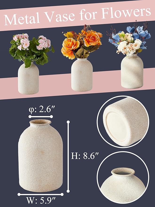 Beige Vases for Home Decor Large Beige Metal Flower Vases for Table Centerpieces Living Room, Wabi Sabi Decor Modern Minimalist Table Decor