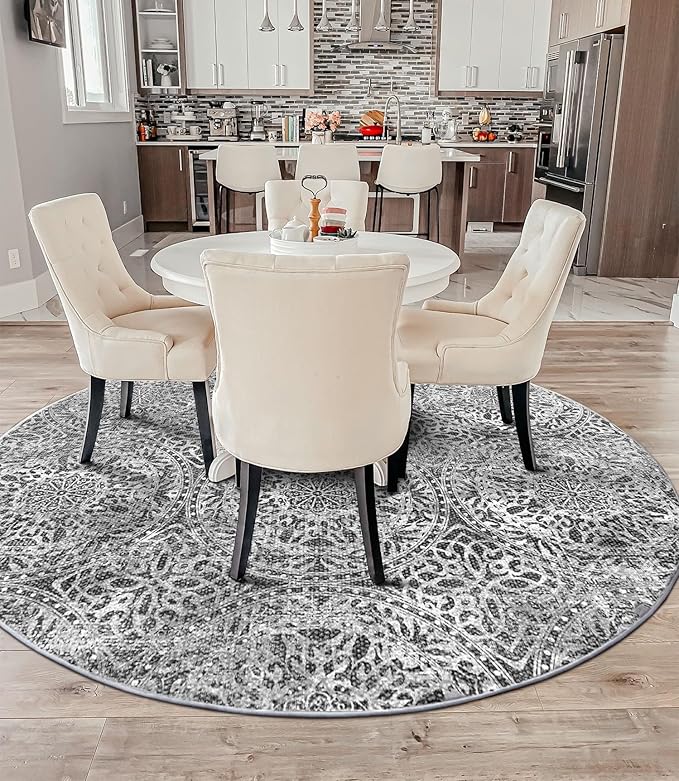 vivorug Round Rug 5ft Vintage-Inspired Round Area Rug Non-Slip Indoor Carpet for Living Room Bedroom Entryway, Stain Resistant Home Decor Circle Rug, Grey Medallion