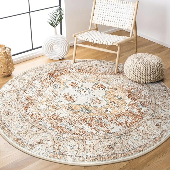 Lahome Boho Round Area Rug - 5Ft Machine Washable Round Bedroom Rugs Non-Slip Throw Large Round Rugs for Living Room, Oriental Distressed Print Circle Rugs for Office Dining Room Kitchen Classroom