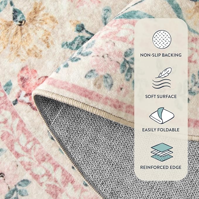 Lahome Boho Light Pink Round Rug 4ft, Washable Small Circle Rugs for Bedroom Kids, Pink and Green Nursery Circular Carpet Girl Decor, Soft Non-Slip Round Carpet for Sunroom, Blush