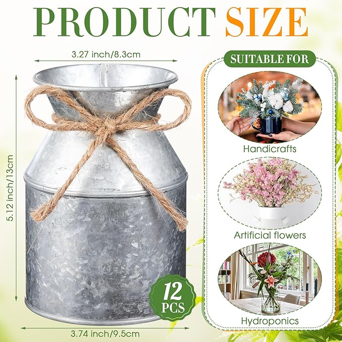 Domensi 5.12 Inch Farmhouse Metal Flower Vase Decor Rustic Galvanized Milk Can Jug Vase with Bow Flower Buckets for Table Centerpiece Fall Halloween Wedding Home Dinging Room Decor(Iron Color,12 Pcs)