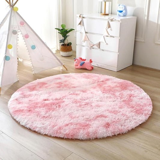 OPPODREAM Round Rugs 4ft for Play Room, Ultra Soft Circle Rug for Bedroom, 4 ft Fluffy Kids Carpet with 0.4" Thick Non-Slip Backing, Long Pile Shag Carpet, Fuzzy, Shaggy, Tie-dye Light Pink & Pink