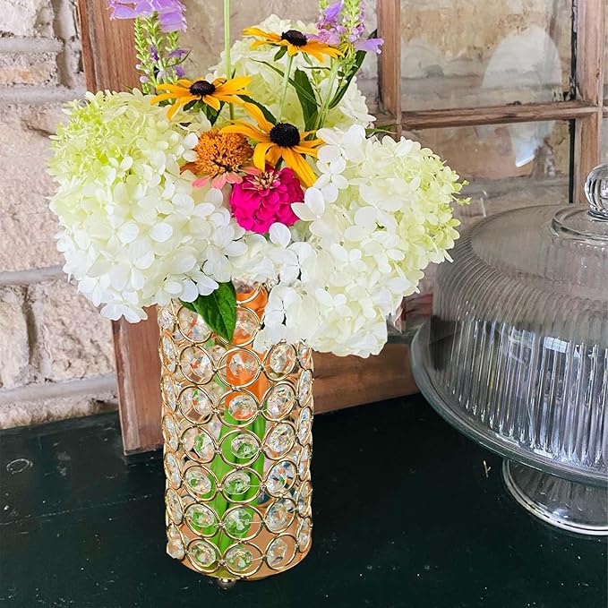 8 Pcs Crystal Metal Vase Centerpiece, 7.9" Cylinder Flower Vase and Hollow-Out Candle Holder for Wedding, Party, Home Table Decor (8, Gold)