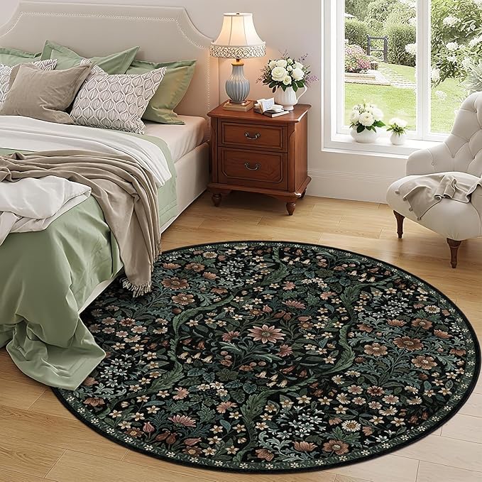 Round Rug 6ft Black Washable Floral Circle Rug,Vintage Boho Botanical Round Area Rugs, Non-Slip Soft Low-Pile Circular Carpet for Bedroom,Kids Room,College Dorm,Home Decor