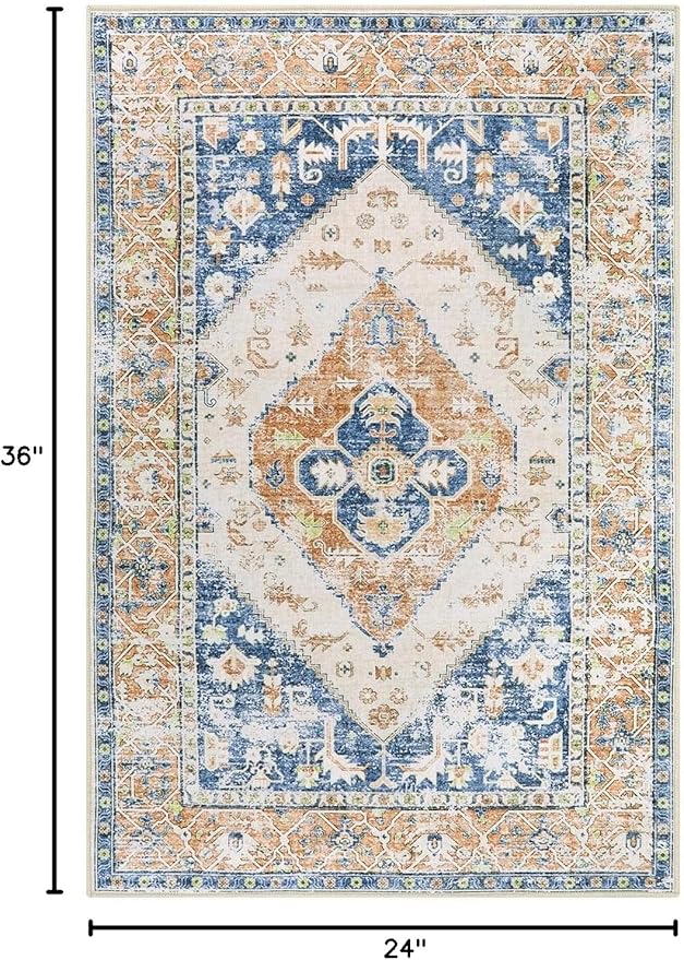 Lahome Boho Small Entryway Rug - 2x3 Non-Slip Washable Rugs for Kitchen Oriental Throw Ultra-Thin Area Rugs for Bedroom Accent Distressed Blue Floor Doormat Carpet for Bathroom Laundry Living Room