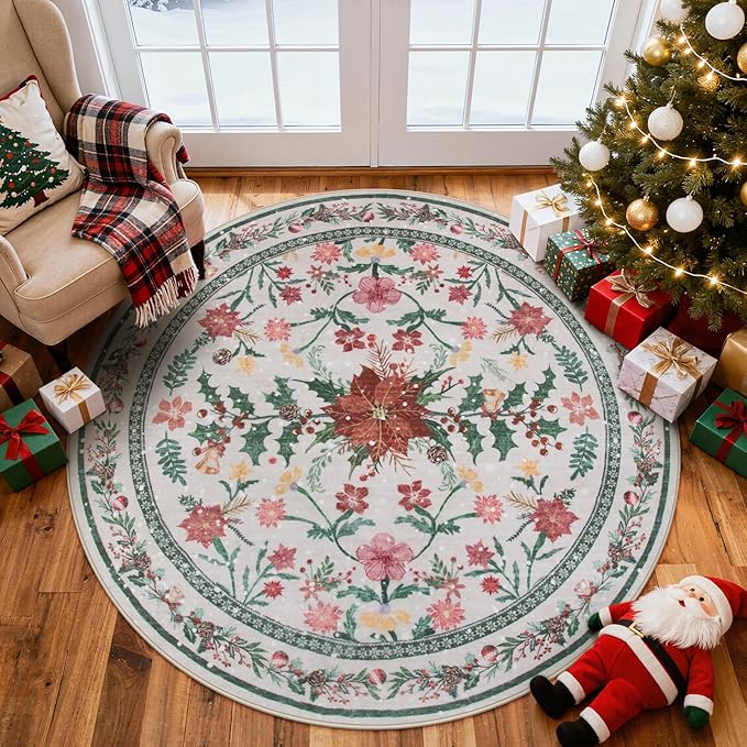 Lahome Christmas Round Rug 5ft, Washable Botanical Christmas Dining Room Decor for Under Table, Whimsical Holly Berries Circle Mats for End of Bed Coffee Table
