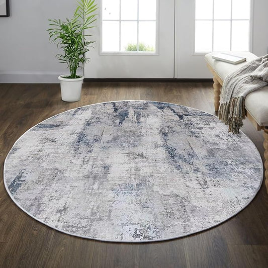 vivorug Round Rug 6ft Abstract Round Area Rug Non-Slip Indoor Carpet for Living Room Bedroom Entryway, Stain Resistant Home Decor Circle Rug, Grey/Navy