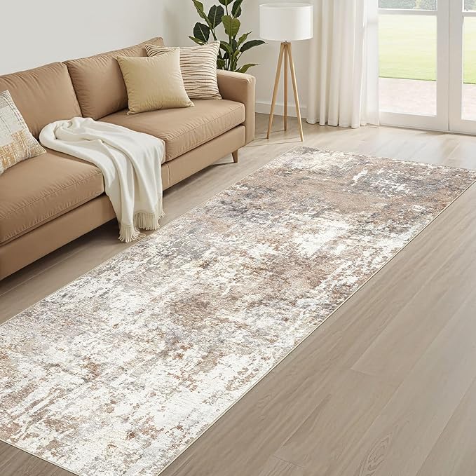 Runner Rug Kitchen Washable Rugs: 2x6 Non-Slip Abstract Soft Modern Stain Resistant Indoor Floor Neutral Accent Throw Carpet for Hallway Bathroom Laundry Room Entryway Bedroom- Brown