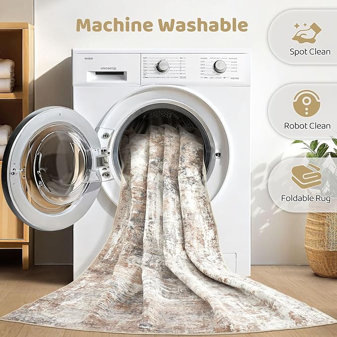 Runner Rug Kitchen Washable Rugs: 2x6 Non-Slip Abstract Soft Modern Stain Resistant Indoor Floor Neutral Accent Throw Carpet for Hallway Bathroom Laundry Room Entryway Bedroom- Brown