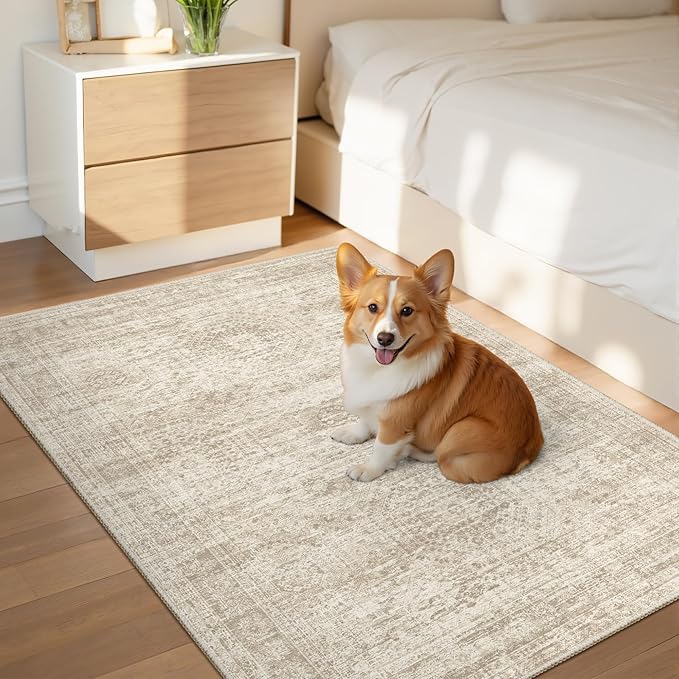 2x3 Washable Rugs for Kitchen, Floor, Entryway, Powder Room Small Area Rug Non-Slip Vintage Low Pile Throw Door Mat Beige