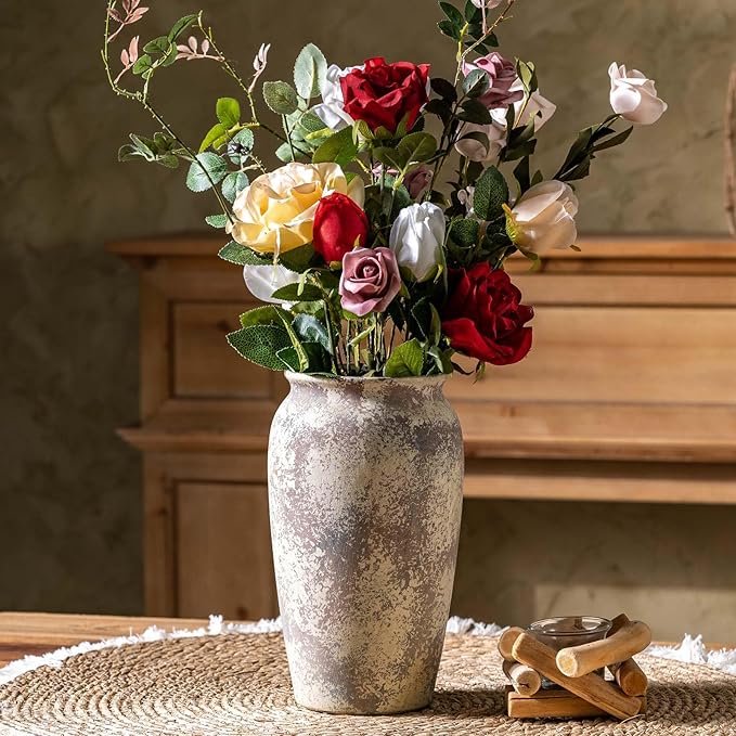 Vintage Ceramic Farmhouse Flower Large Vase, Rustic Terra Cotta Tall Floor Stone Vases, Pottery Decorative Flower Vase for Home Decor, Table, Living Room Decoration, Shelf Decor, Mantel, 9.8 Inch