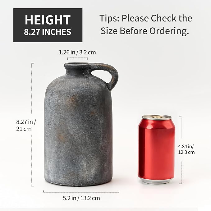 Ceramic Rustic Vase for Home Decor, Terracotta Vase with Handle, Handcrafted Vintage Decorative Flower Vase for Farmhouse, Living Room, Table, Fireplace, Nightstand - Black Bronze