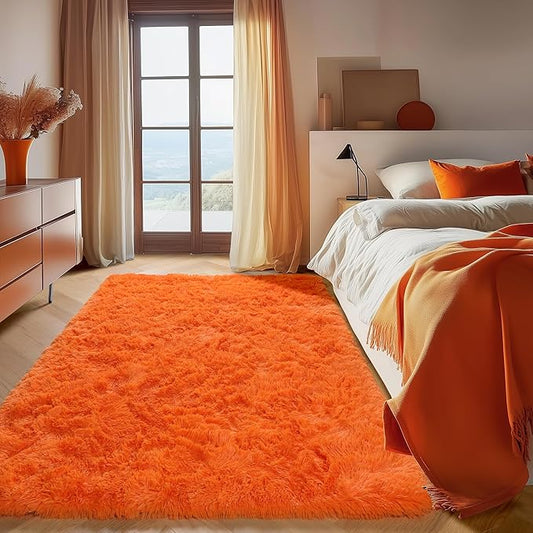 ONASAR Orange Area Rugs for Bedroom Living Room, Washable Fluffy 4x6 Indoor Bedside Floor Throw Rug, Soft Plush Shaggy Carpet for Nursery Kids Girls Boys Teen Dorm Home Office Decor Aesthetic
