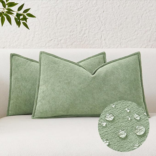 Kevin Textile Waterproof Decorative Pillow Covers Sage Green 12x20 Inch Pack of 2 Soft Boucle Textured Lumbars Cushions Elegant Accent Pillows for Couch Sofa Chair Bed Home Decor Indoor Outdoor