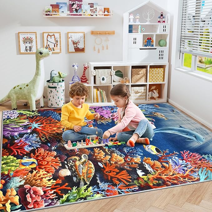 Amearea Soft Kids Rugs for Toddler Bedroom Playroom Classroom, Colorful Sea World 6x9 Area Rug, Non-Slip Washable Play Mat Nursery Rug, Fish Coral Reef Ocean Theme Carpet for Boy Girl Room Decor, Blue