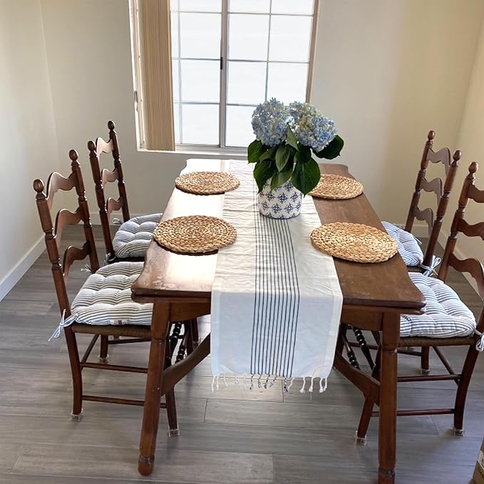 Barnett Home Decor Dining Chair Cushions with Ties, 16.5 x 18 Inches, Pack of 4 – Machine Washable, Made in USA with 100% Cotton and Latex Foam Fill for Comfortable Seating – Ticking Stripe Navy Blue