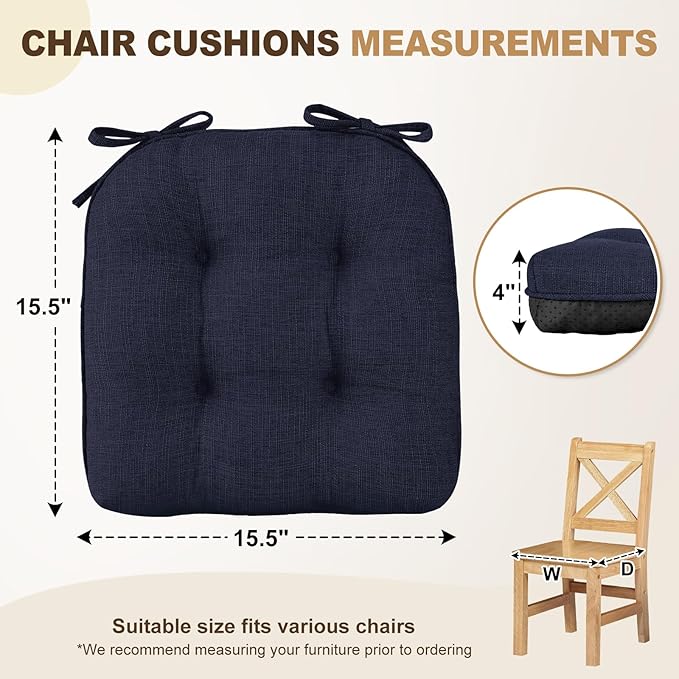 downluxe Indoor Chair Cushions for Dining Chairs, Tufted Overstuffed Textured Foam Kitchen Chair Pads with Ties and Non-Slip Backing, 15.5" x 15.5" x 4", Navy, 4 Pack