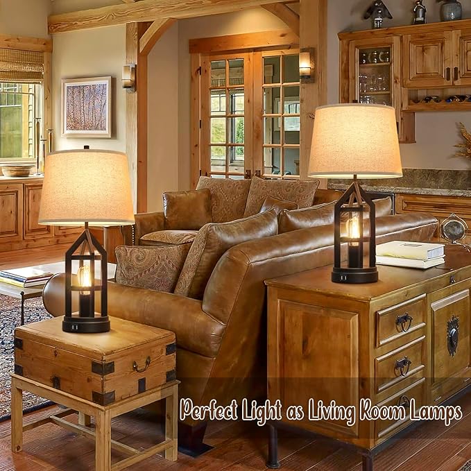 Farmhouse Table Lamps for Living Room Set of 2, 3-Way Dimmable Touch Control Bedside Lamps with 2 USB Charging Ports, Bedroom Reading Lamps for Nightstand, Rustic Home Decor, 4 LED Bulbs Included