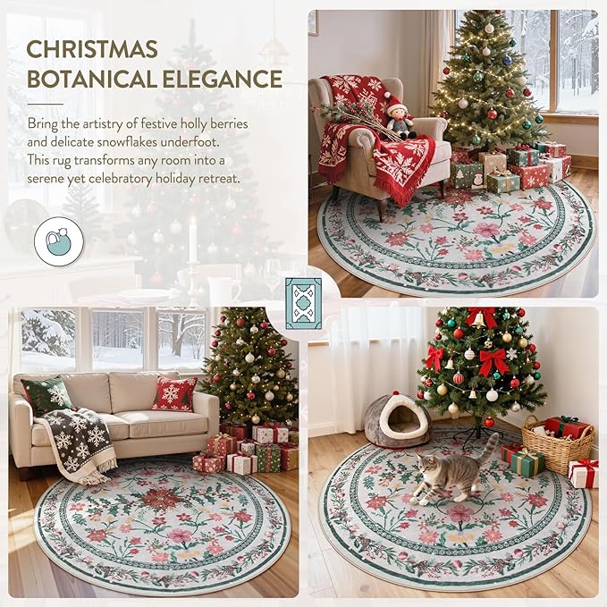 Lahome Christmas Round Rug 5ft, Washable Botanical Christmas Dining Room Decor for Under Table, Whimsical Holly Berries Circle Mats for End of Bed Coffee Table