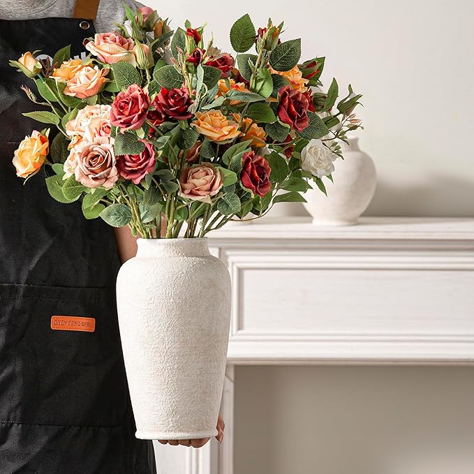 Ceramic Flower Vase, 11 Inch Large White Flower Vase Tall Rustic Farmhouse Decorative Vase Floral Pottery Vases for Home Decor Table Living Room Entryway Mantel Bedroom Bathroom Kitchen - White