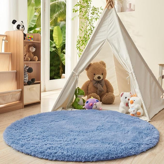 OPPODREAM 4ft Blue Circle Rug for Bedroom, Ultra-Soft Round Rugs 4-ft for Living Room, Fluffy Carpet for Nursery, Kids, Girl, Boy, Baby, Plush, Fuzzy, Shag, Shaggy, Cute Home Decor