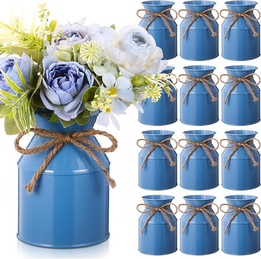 Domensi 5.12 Inch Farmhouse Metal Flower Vase Decor Rustic Galvanized Milk Can Jug Vase with Bow Flower Buckets for Table Centerpiece Fall Halloween Wedding Home Dinging Room Decor(Blue,12 Pcs)