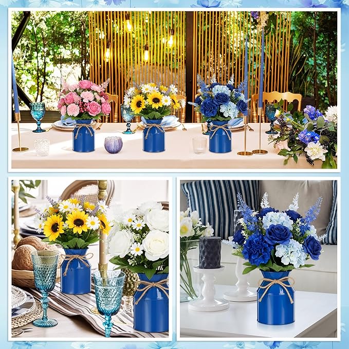Domensi 5.12 Inch Farmhouse Metal Flower Vase Decor Rustic Galvanized Milk Can Jug Vase with Bow Flower Buckets for Table Centerpiece Fall Halloween Wedding Home Dinging Room Decor(Dark Blue,12 Pcs)