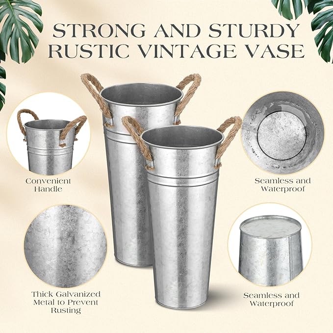 Bokon 32 Pack 9 Inch Flower Bucket Bulk, Galvanized Metal Vases, Rustic Vintage Flower Vases with Handles, Tall Farmhouse Planter Pails Buckets for Wedding Centerpieces, Party Decoration, DIY Craft
