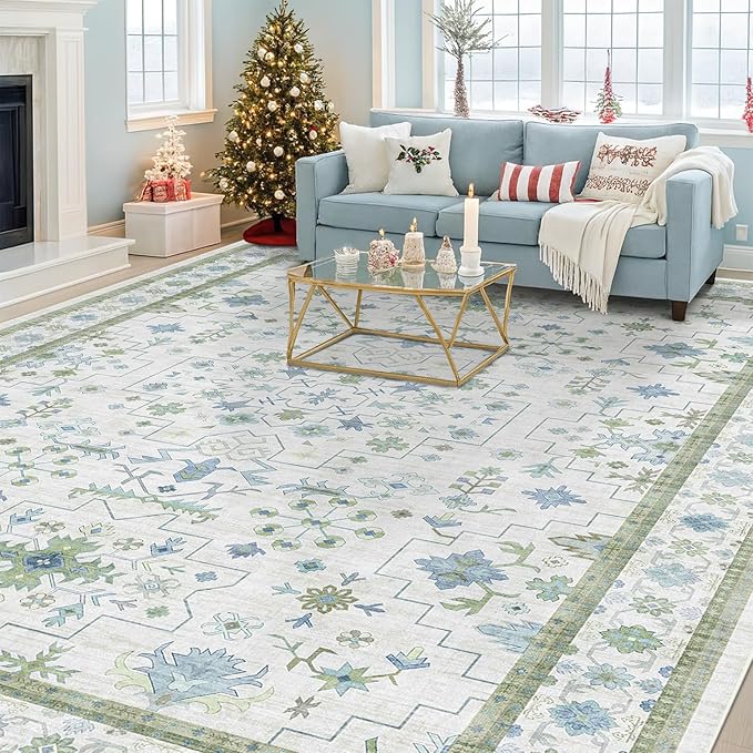 Blue and Green Living Room Rug 8x10 - Cream Oushak Vintage Boho Floral Farmhouse, Washable Low Pile Non-Slip Extra Large Area Rugs for Bedroom, Girls, Boys, Playroom, Lounge