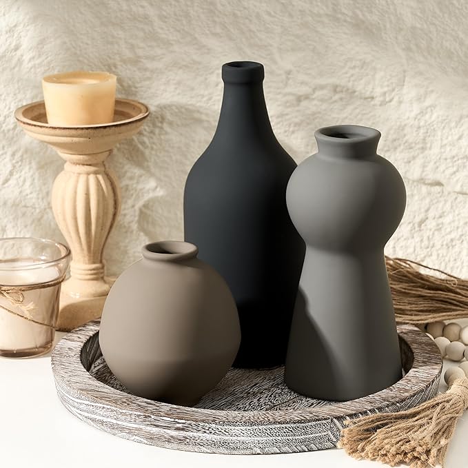 Ceramic Vase Set of 3, Nordic Minimalist Multicolor Vases Home Decor, Rustic Farmhouse Decor Pottery Vases for Bouquet Pampas Grass Dried Fresh Flowers, Living Room, Kitchen, Bedroom, Entryway Mantel